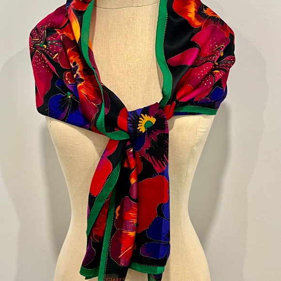 Vintage Ellen Tracy Rectangular Silk Scarf - Black with Vibrant Floral 58"L - Picture 3 of 6